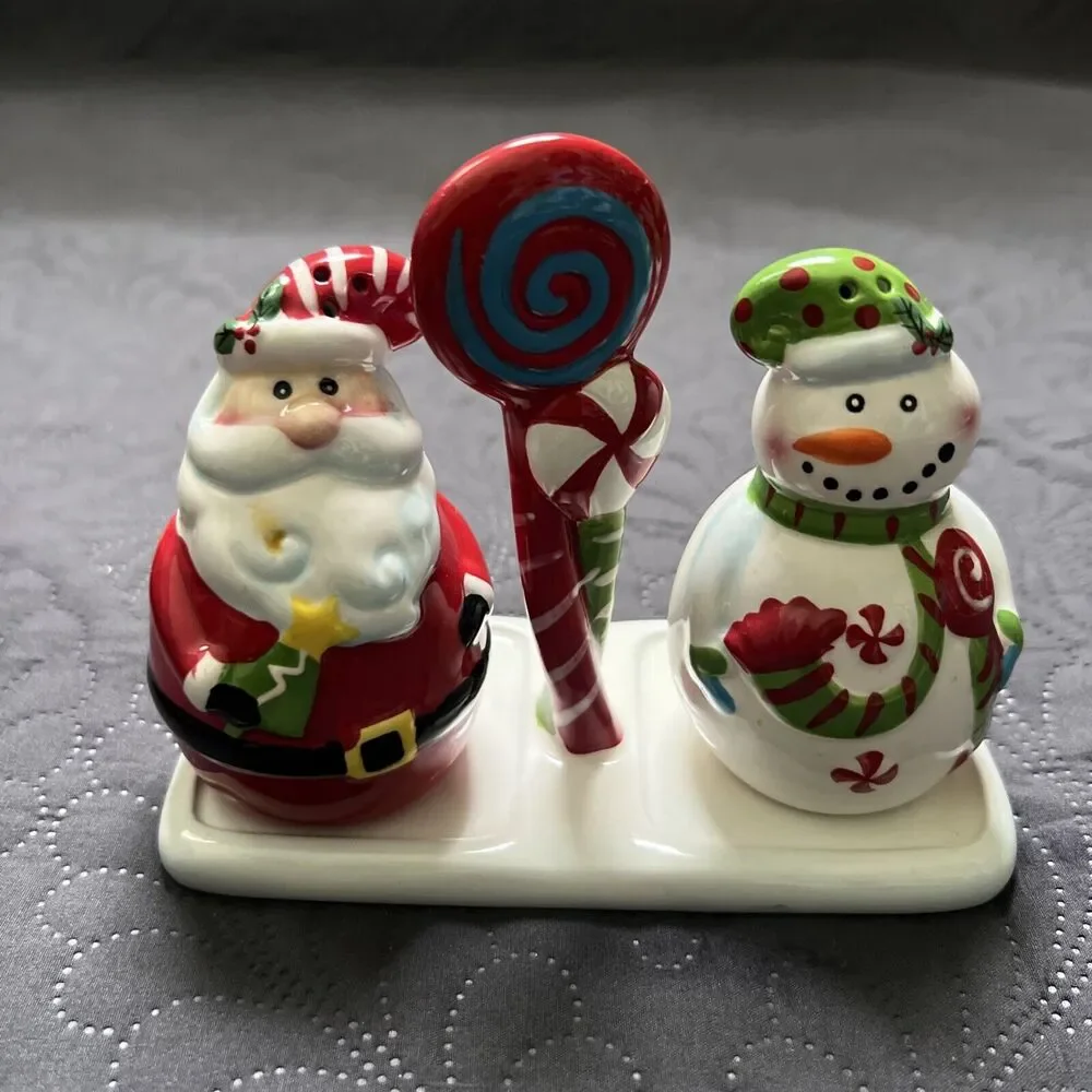 Pier 1 Imports Salt and Pepper Shakers Snowman Santa NIB Christmas Whimsy Decor